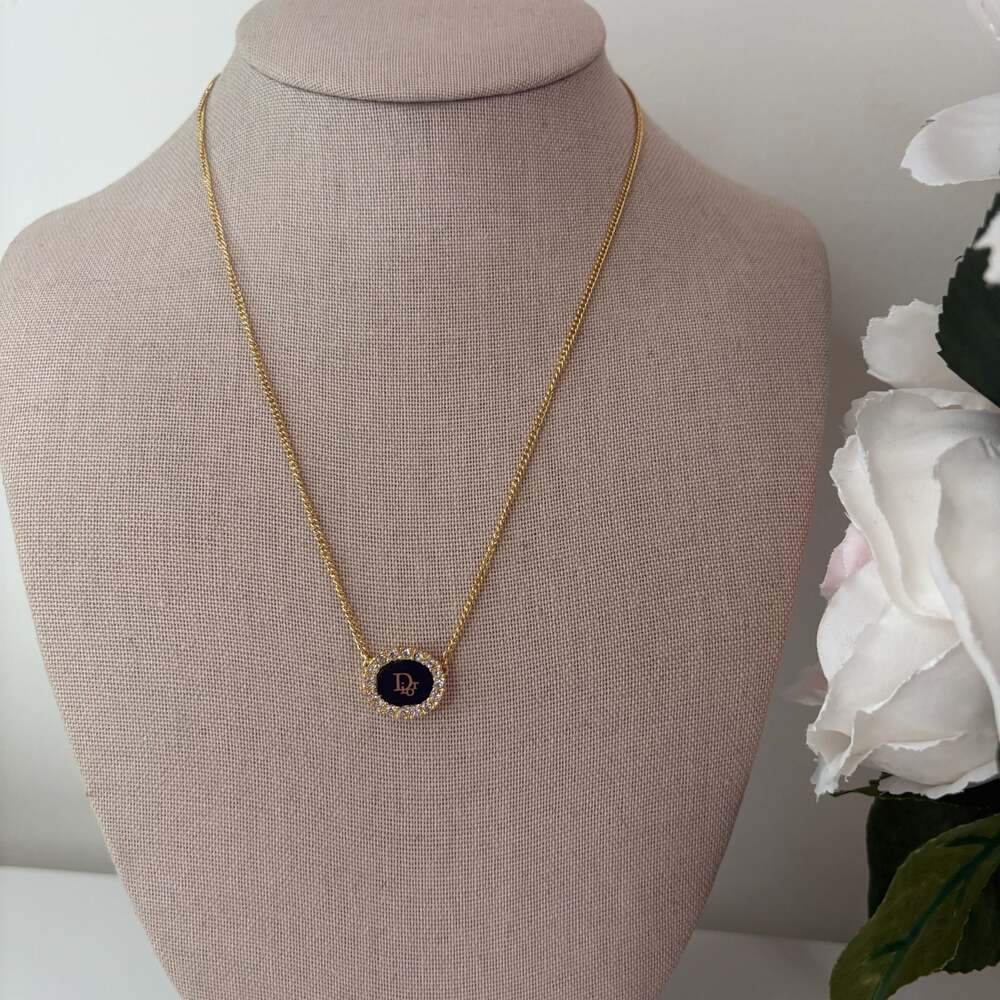 Christian Dior Gold Tone Black Enamel Crystal Logo Pendant Necklace